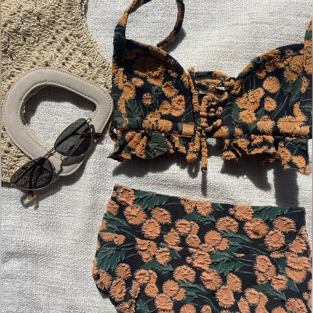 Montce Lace Up Frill Bikini Top in Safron Floral - Picture 3 of 4